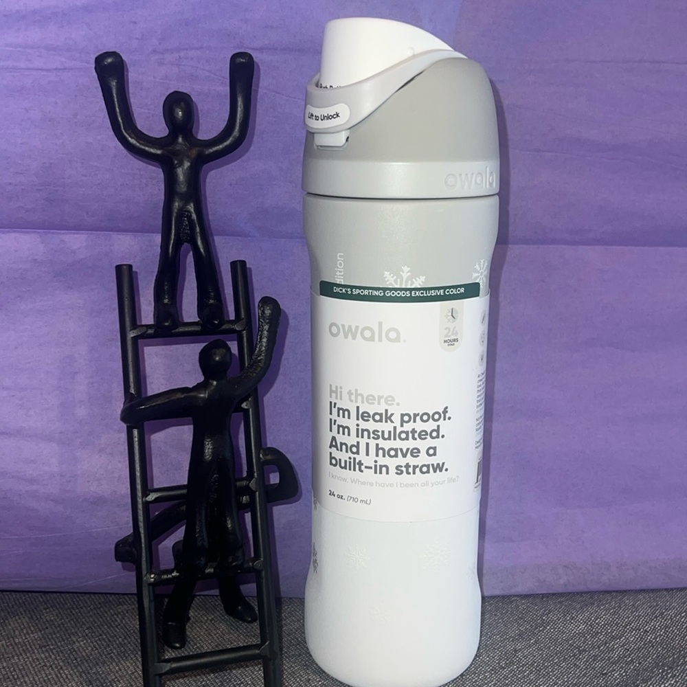 Brand New OWALA white/gray insulated water bottle with a built-in straw.